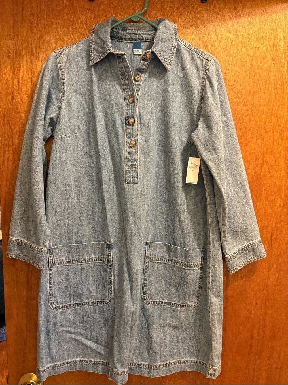 Old Navy Light Blue Denim Midi Shirt Dress with Patch Pockets